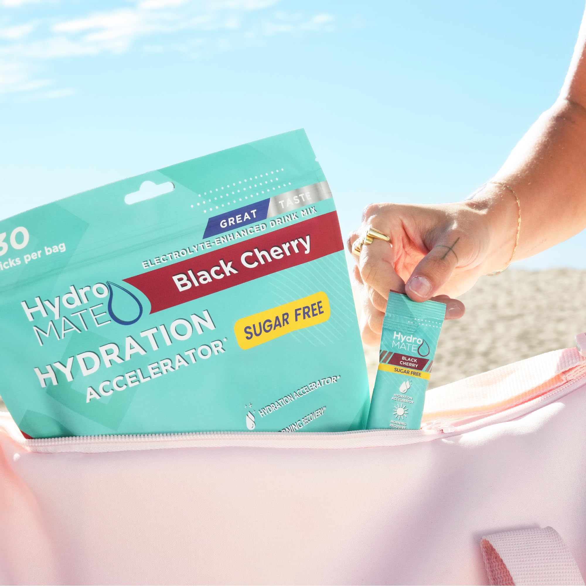 NatureWorks HydroMATE stick pack beside fitness gear for workouts and on-the-go hydration