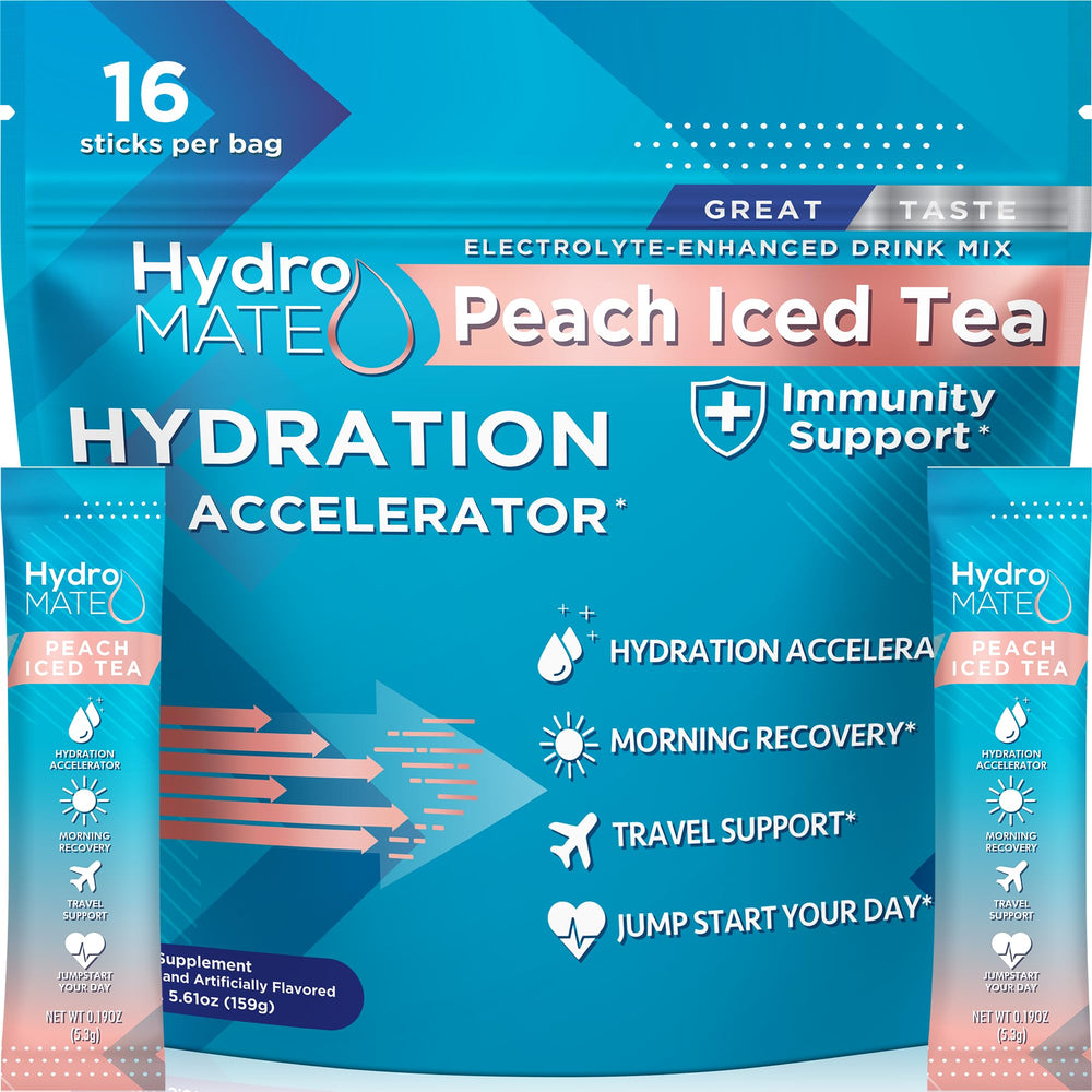 NatureWorks HydroMATE peach tea packets for on the go hydration