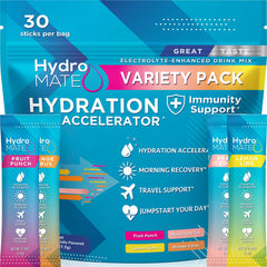 NatureWorks HydroMATE variety-pack box showing convenient on-the-go hydration with multiple packets