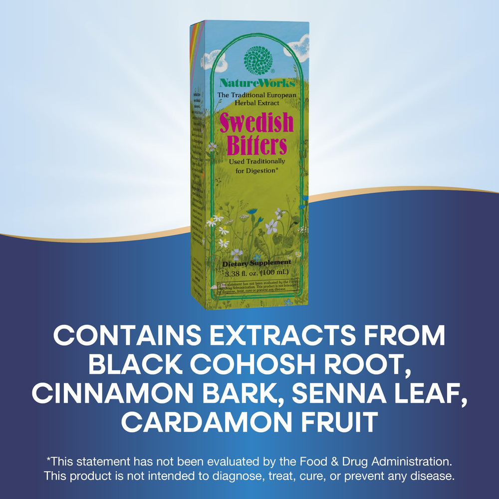 NatureWorks Swedish Bitters ingredient blend highlighting cinnamon and botanicals for flavor.
