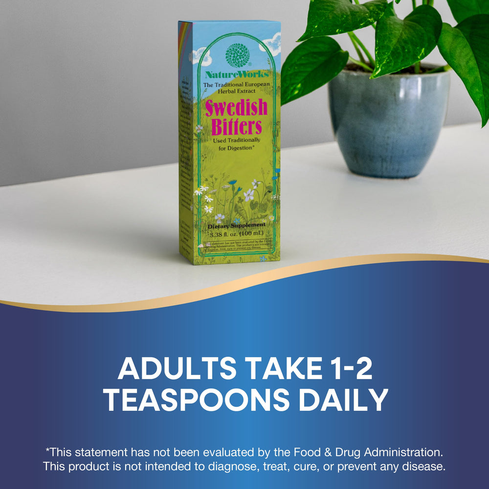 NatureWorks Swedish Bitters packaging showing compact 3.38 fl oz bottle for travels.