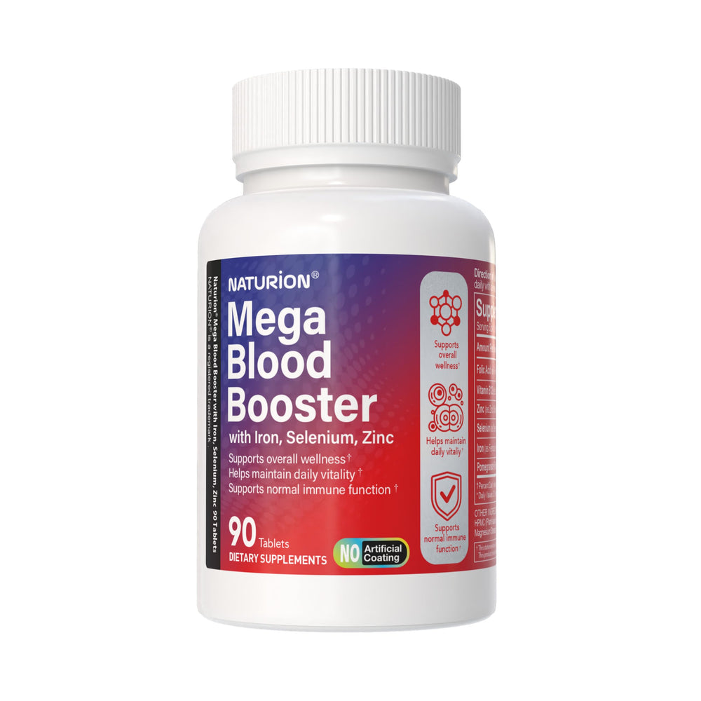 NATURION Mega Blood Booster bottle on counter suggesting daily vitality support
