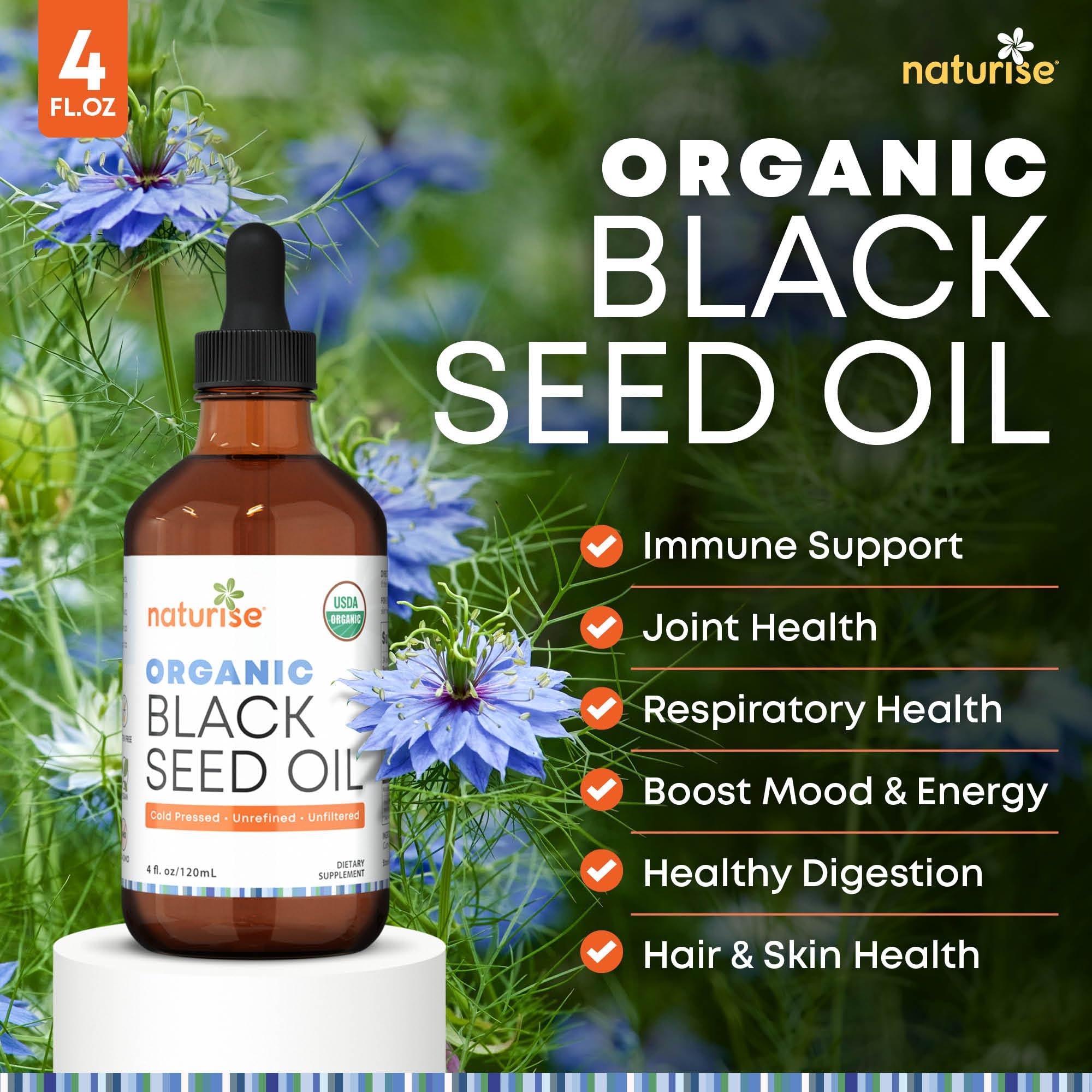 Naturise black seed oil pour showing easy topical application.