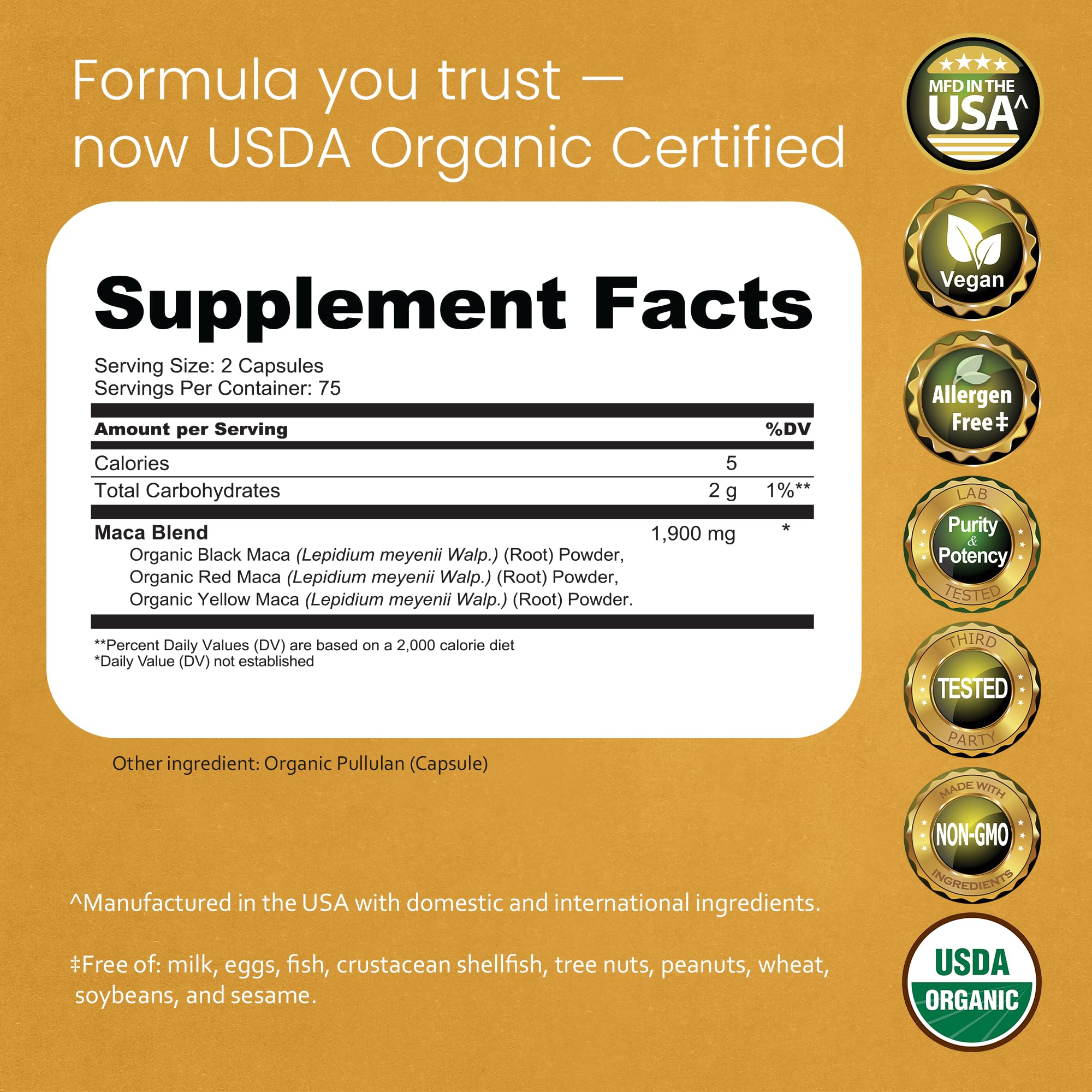 NaturaLife Labs Maca bottle back label with ingredients and directions.