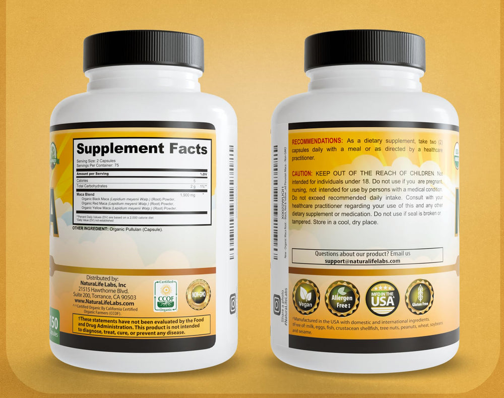 NaturaLife Labs Maca non-GMO gluten-free label signals a clean formula.