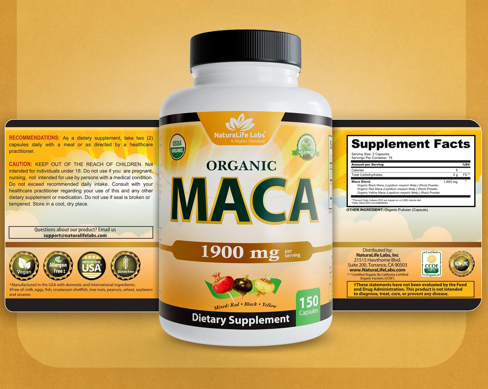 NaturaLife Labs Maca vegan label indicates plant-based daily support.