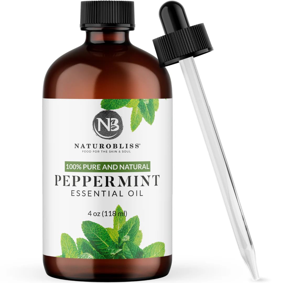 NaturoBliss peppermint oil in an amber bottle for pure aromatherapy use.