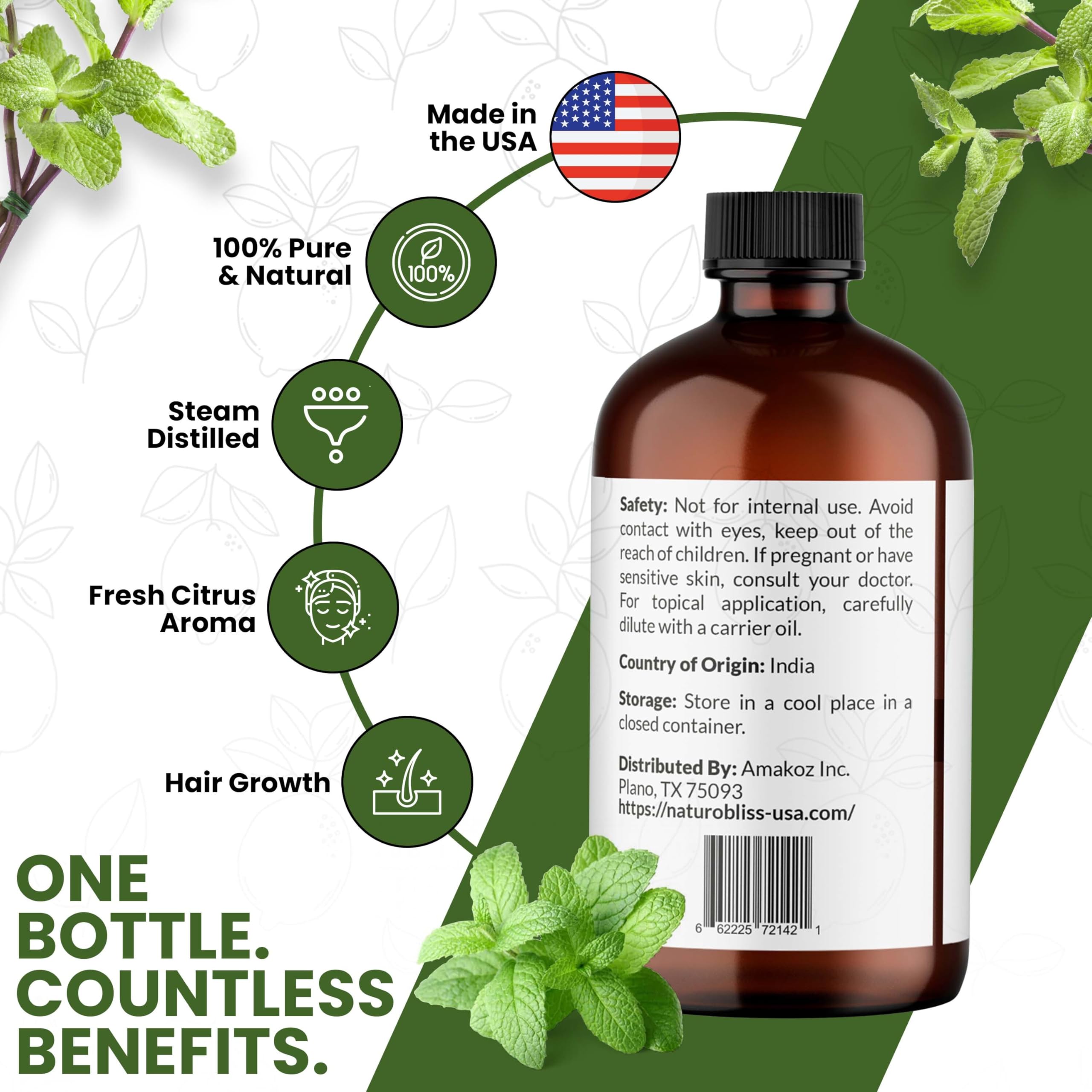 NaturoBliss peppermint oil energizing aroma enhances focus and mood.