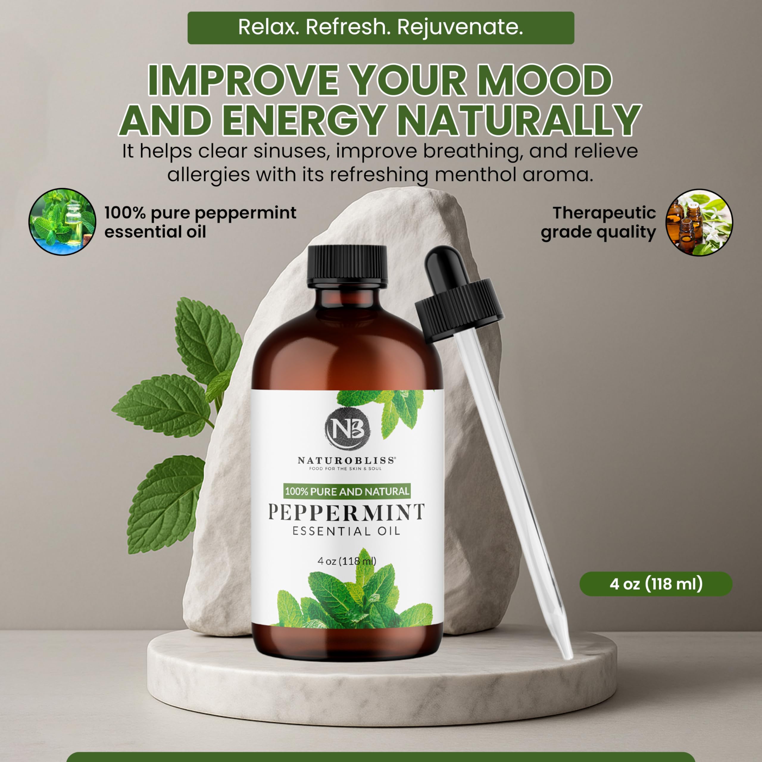 NaturoBliss peppermint oil steam-distilled label highlights purity and quality.