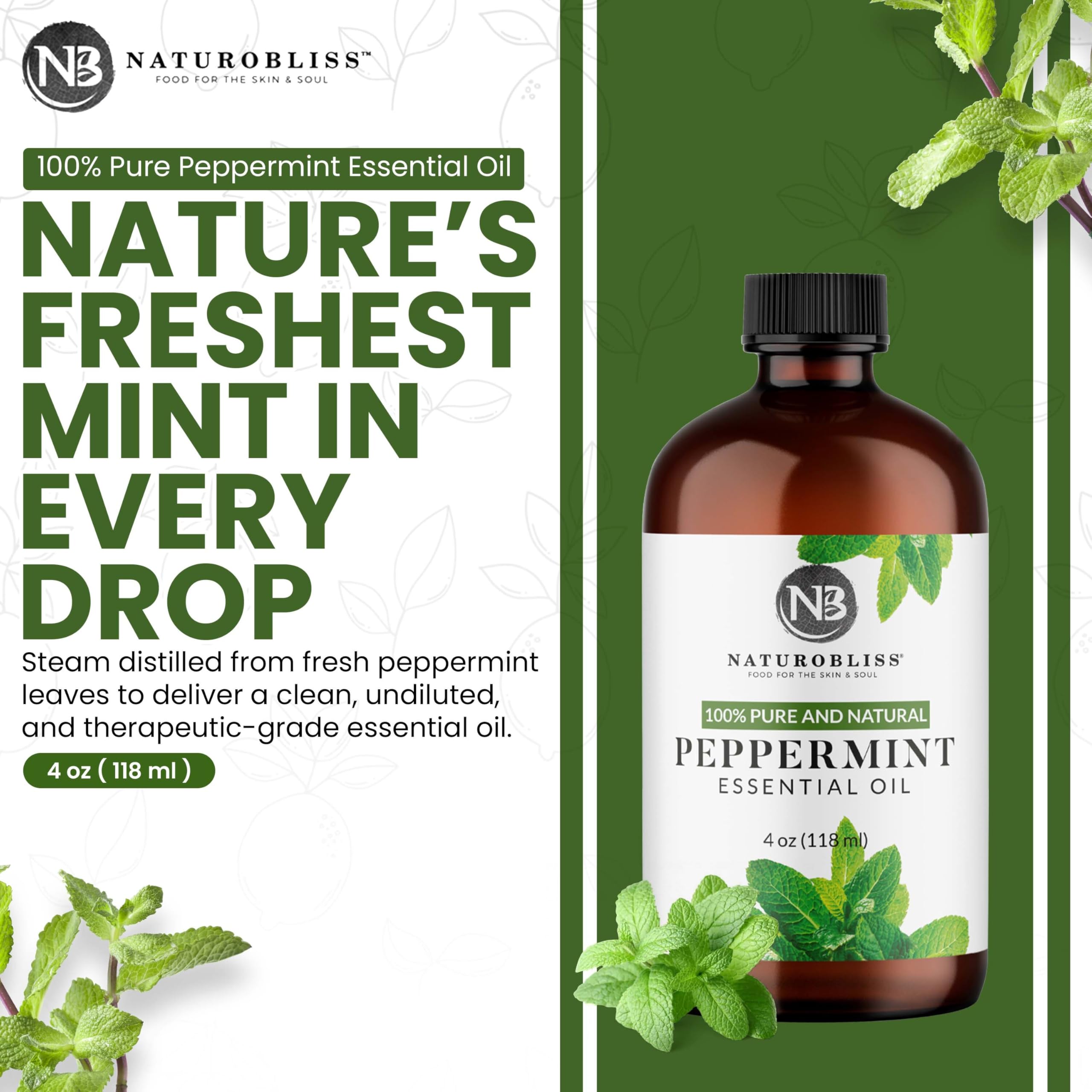 NaturoBliss peppermint oil in UV-protected glass preserving potency.