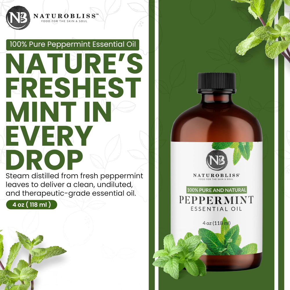NaturoBliss peppermint oil in UV-protected glass preserving potency.