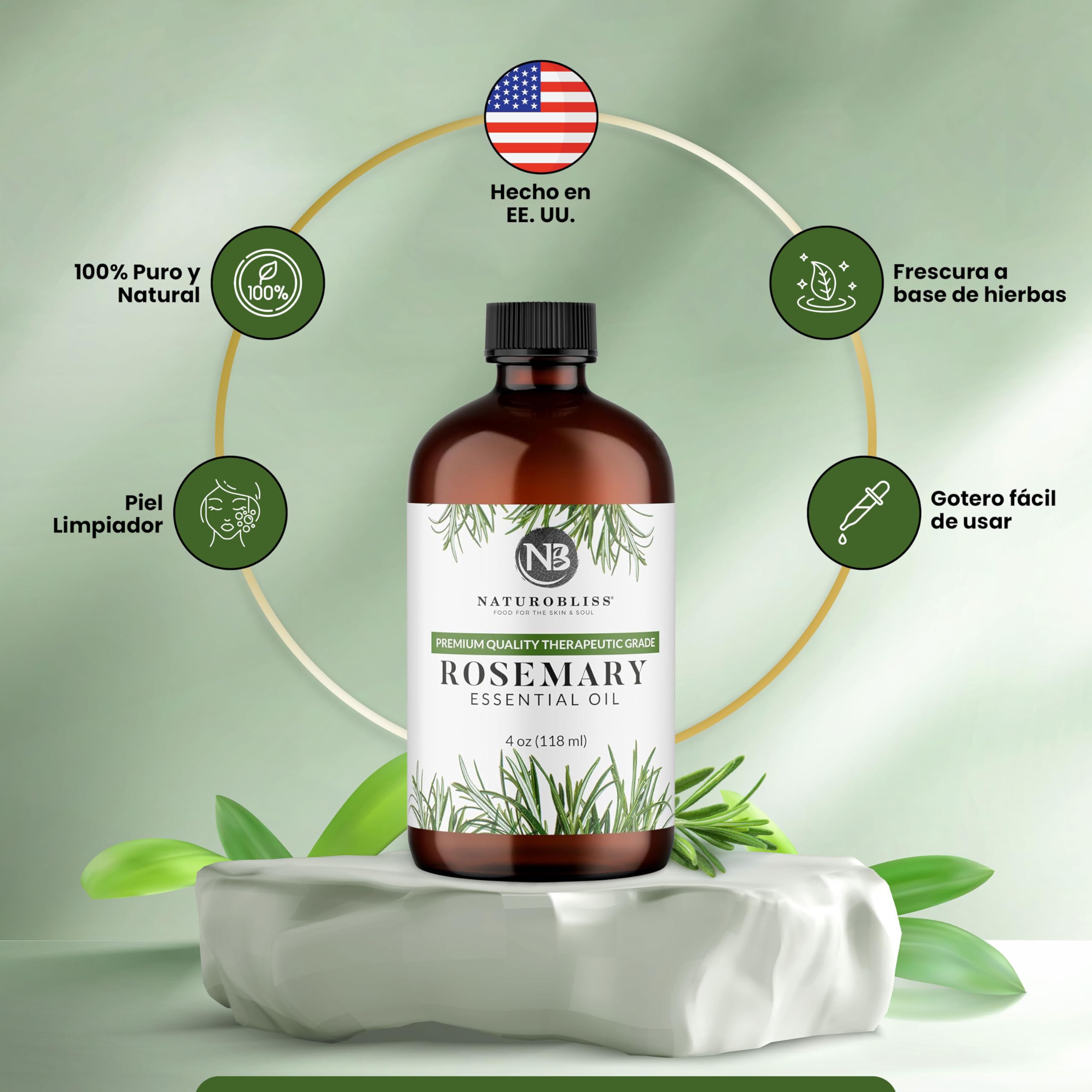 NaturoBliss rosemary oil beside fresh rosemary sprigs highlighting botanical origin