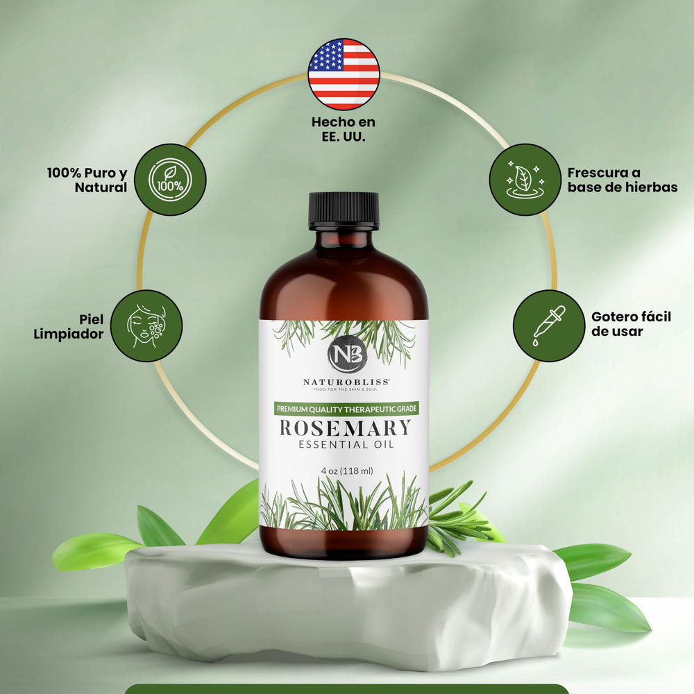 NaturoBliss rosemary oil beside fresh rosemary sprigs highlighting botanical origin