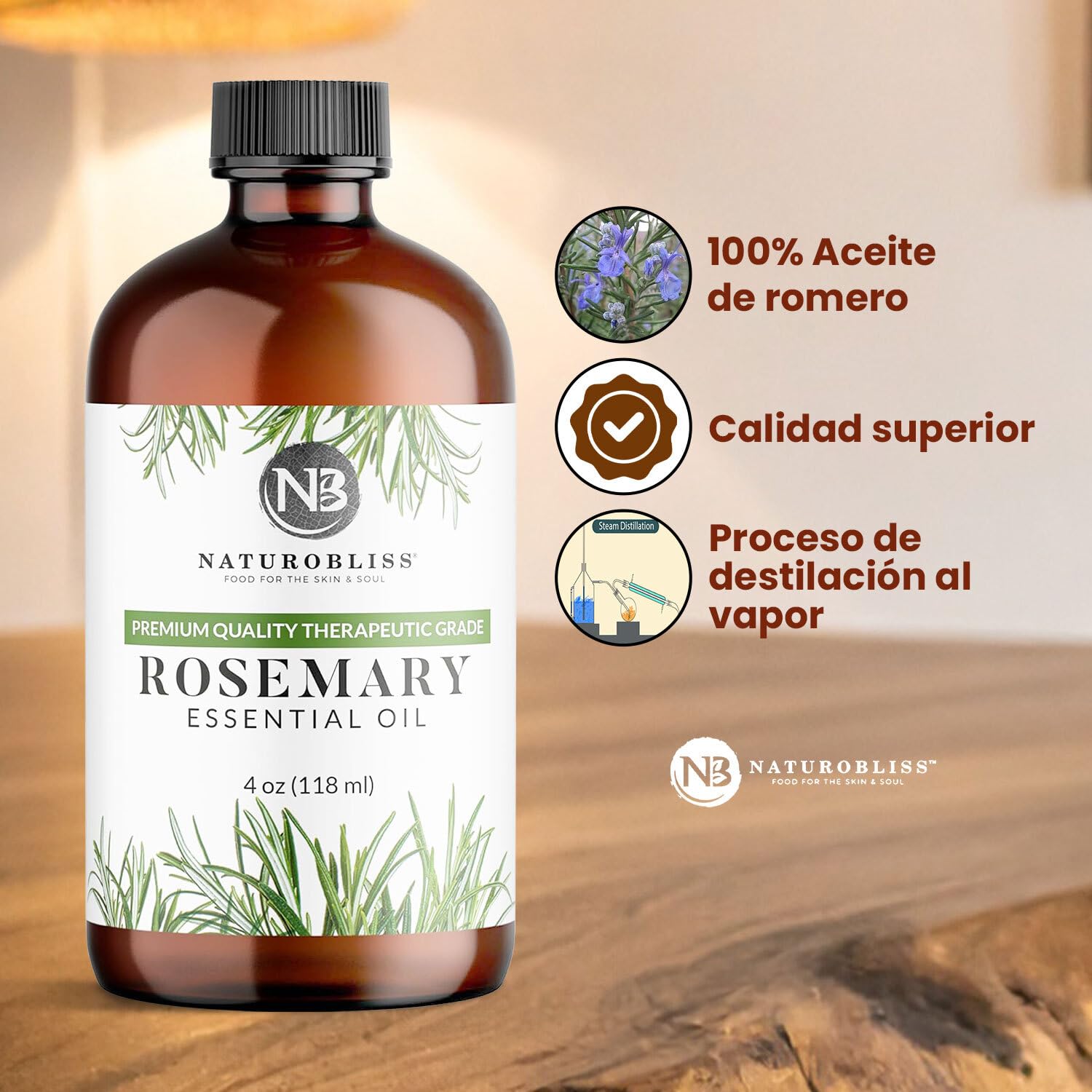 Spa-like setup featuring NaturoBliss rosemary oil and soft lighting