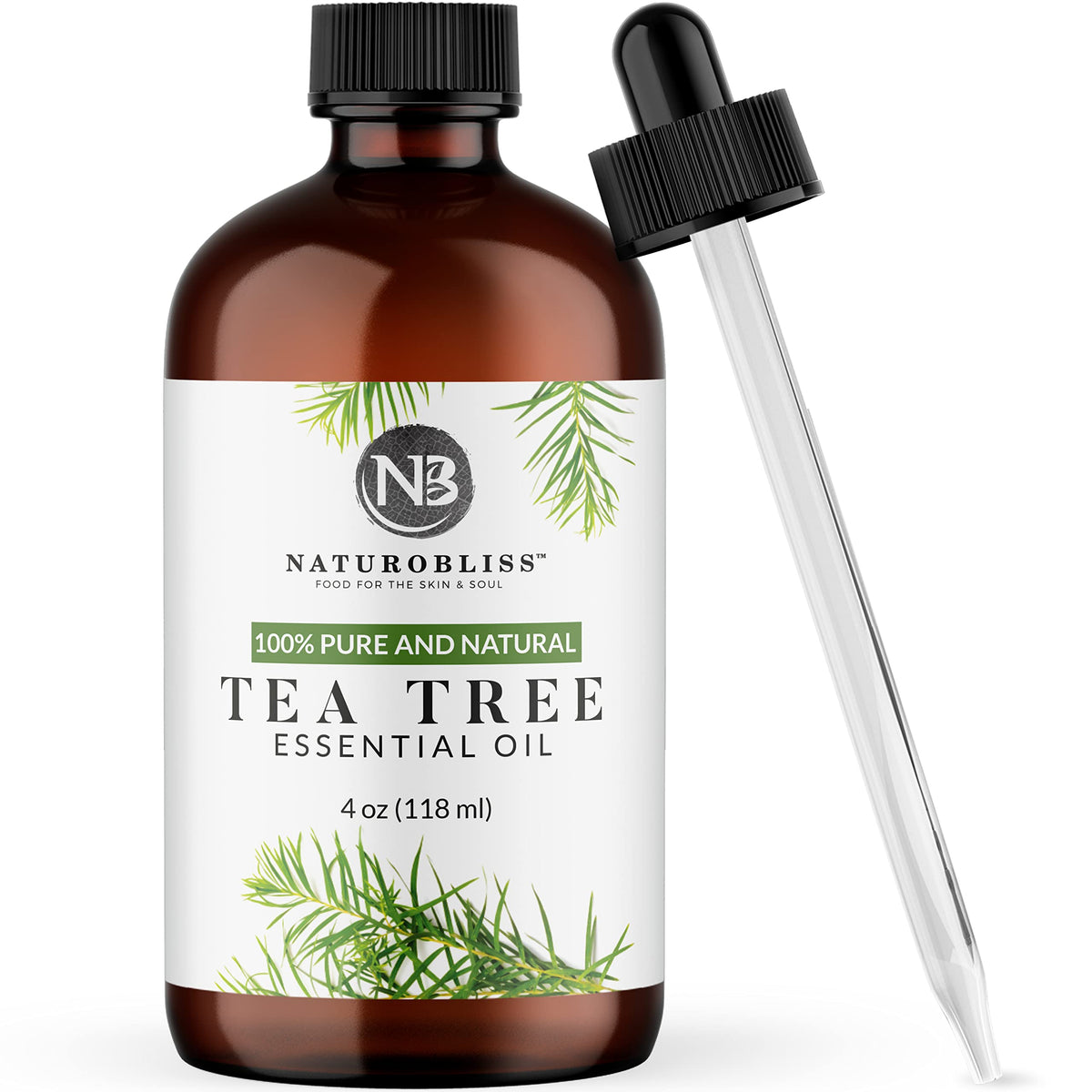 NaturoBliss tea tree oil bottle in UV glass protects potency for aromatherapy.
