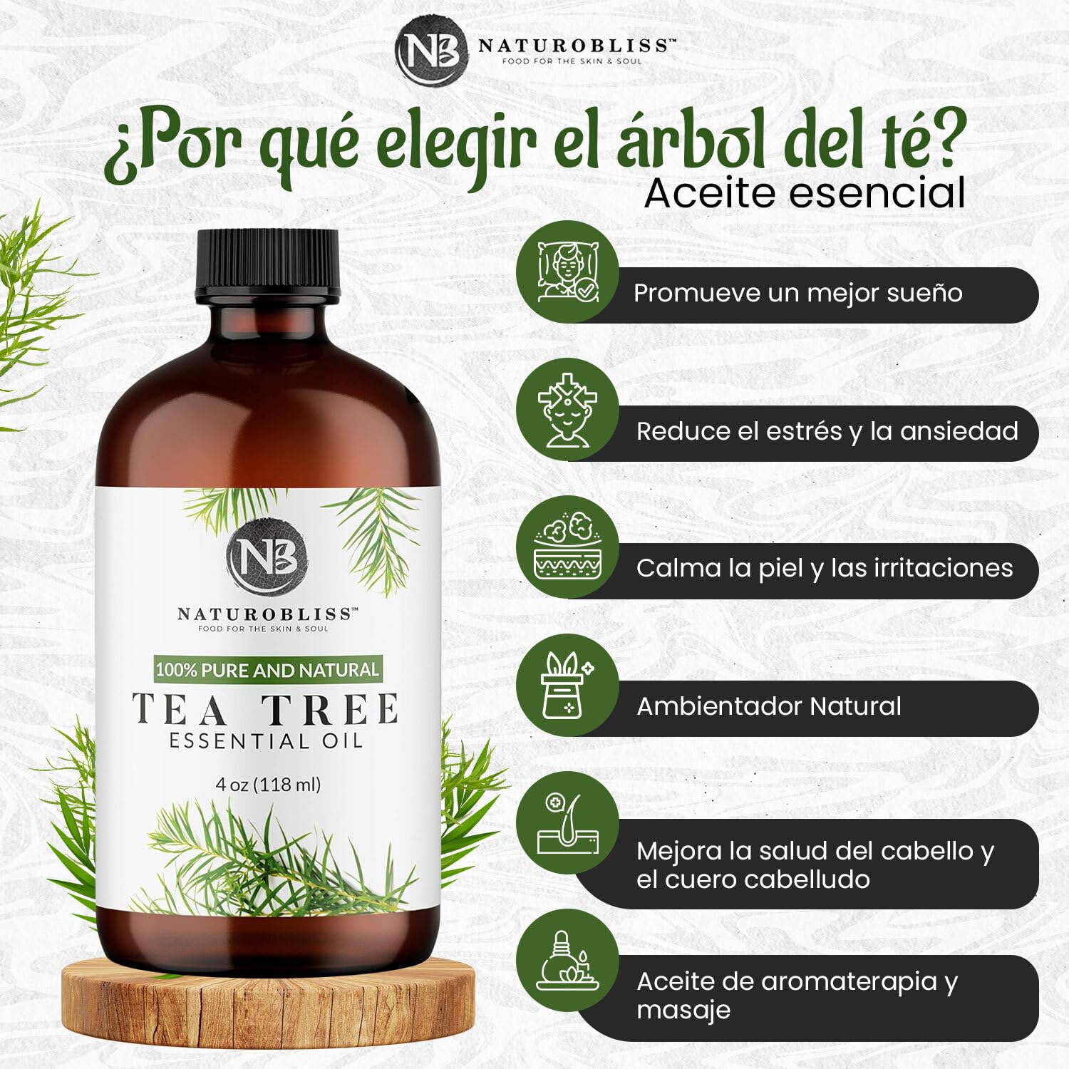 Steam-distilled Melaleuca alternifolia oil offers a fresh, calming aroma.