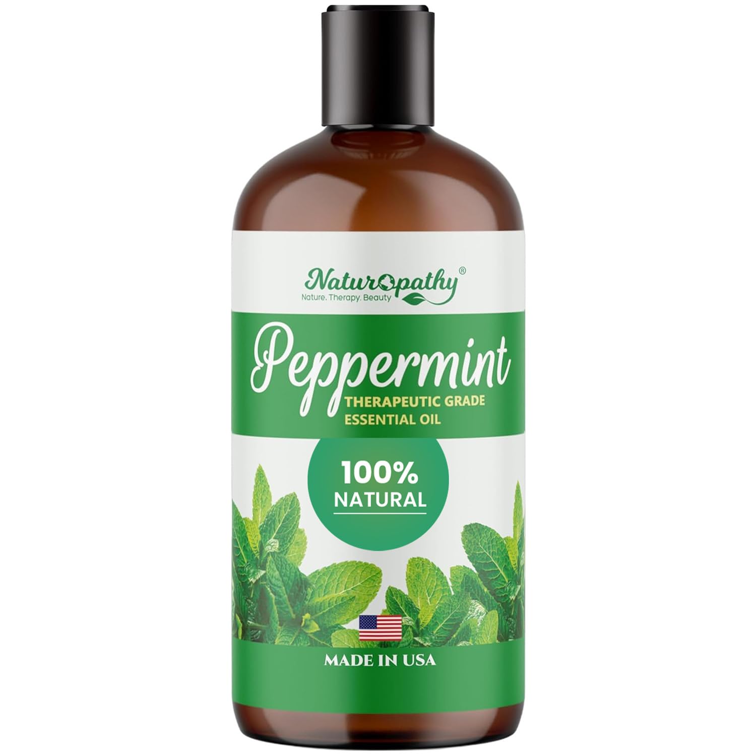 NATUROPATHY NATURE. peppermint essential oil bottle front for a refreshing aromatherapy session.