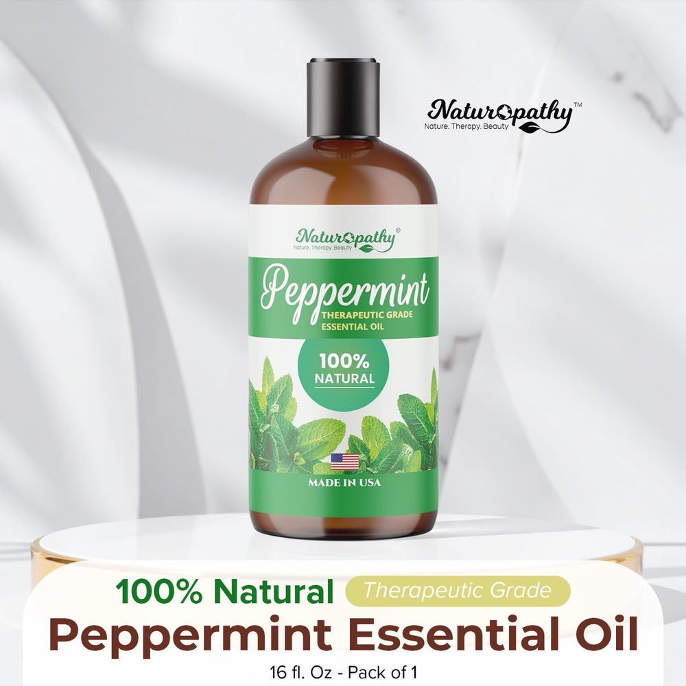 NATUROPATHY peppermint essential oil bottle label highlights purity and quality guarantee.