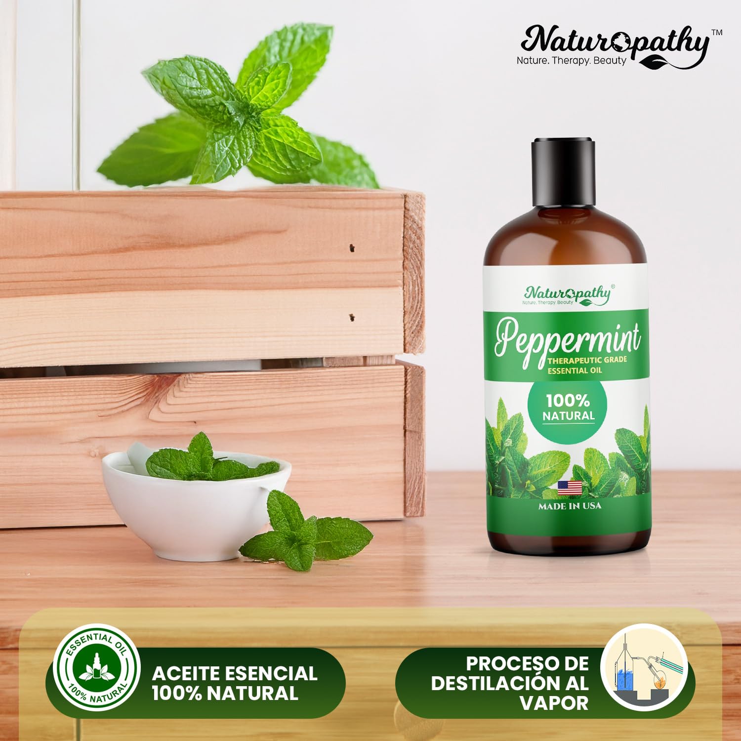 NATUROPATHY peppermint bottle pour demonstrates easy dilution for blends.