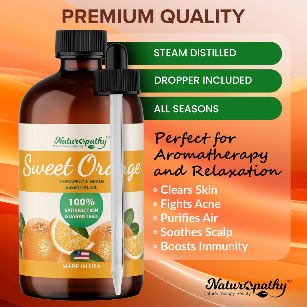 Label close-up showing NATUROPATHY Sweet Orange Oil purity and quality