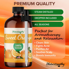Label close-up showing NATUROPATHY Sweet Orange Oil purity and quality