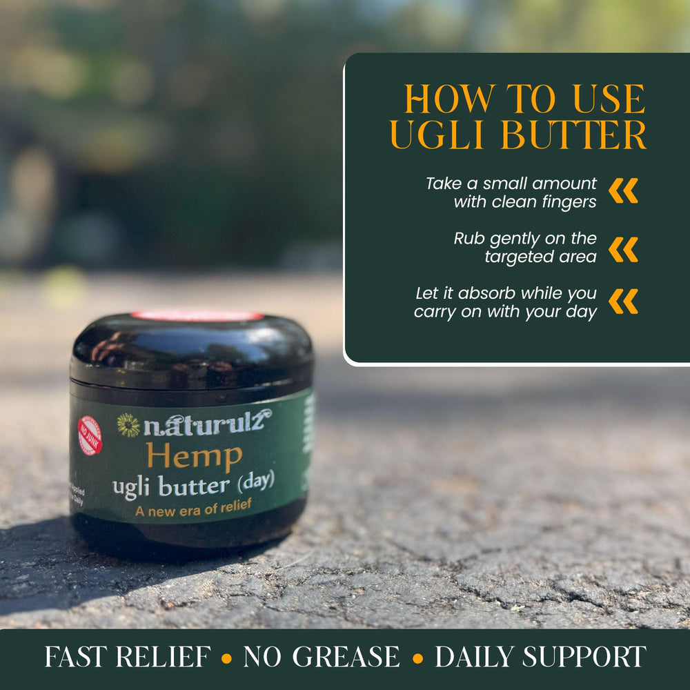 Hands applying Ugli Butter Daytime to tense shoulder muscles