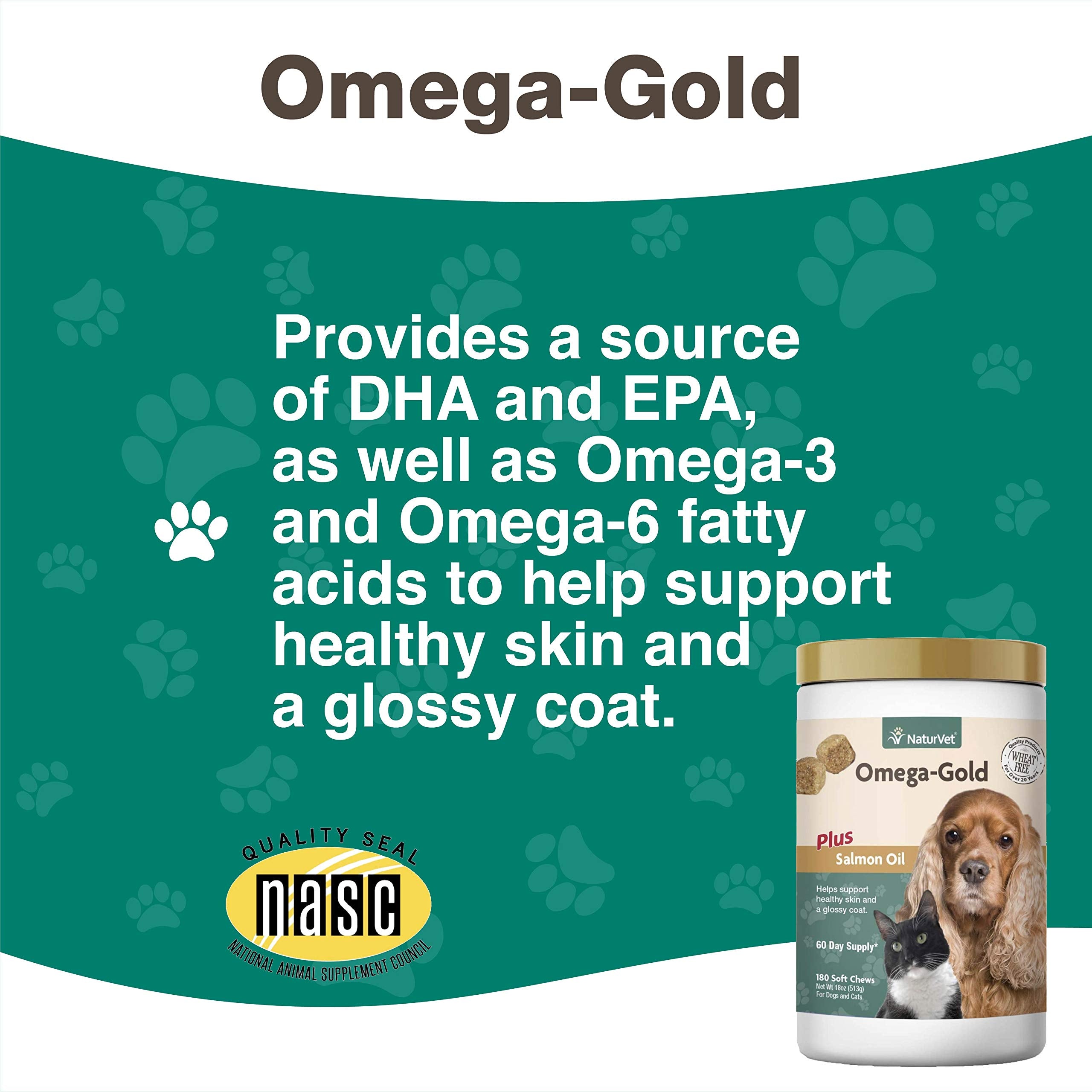 NaturVet Omega-Gold Plus 180 soft chews indicate a 30-day supply for a 40 lb dog.