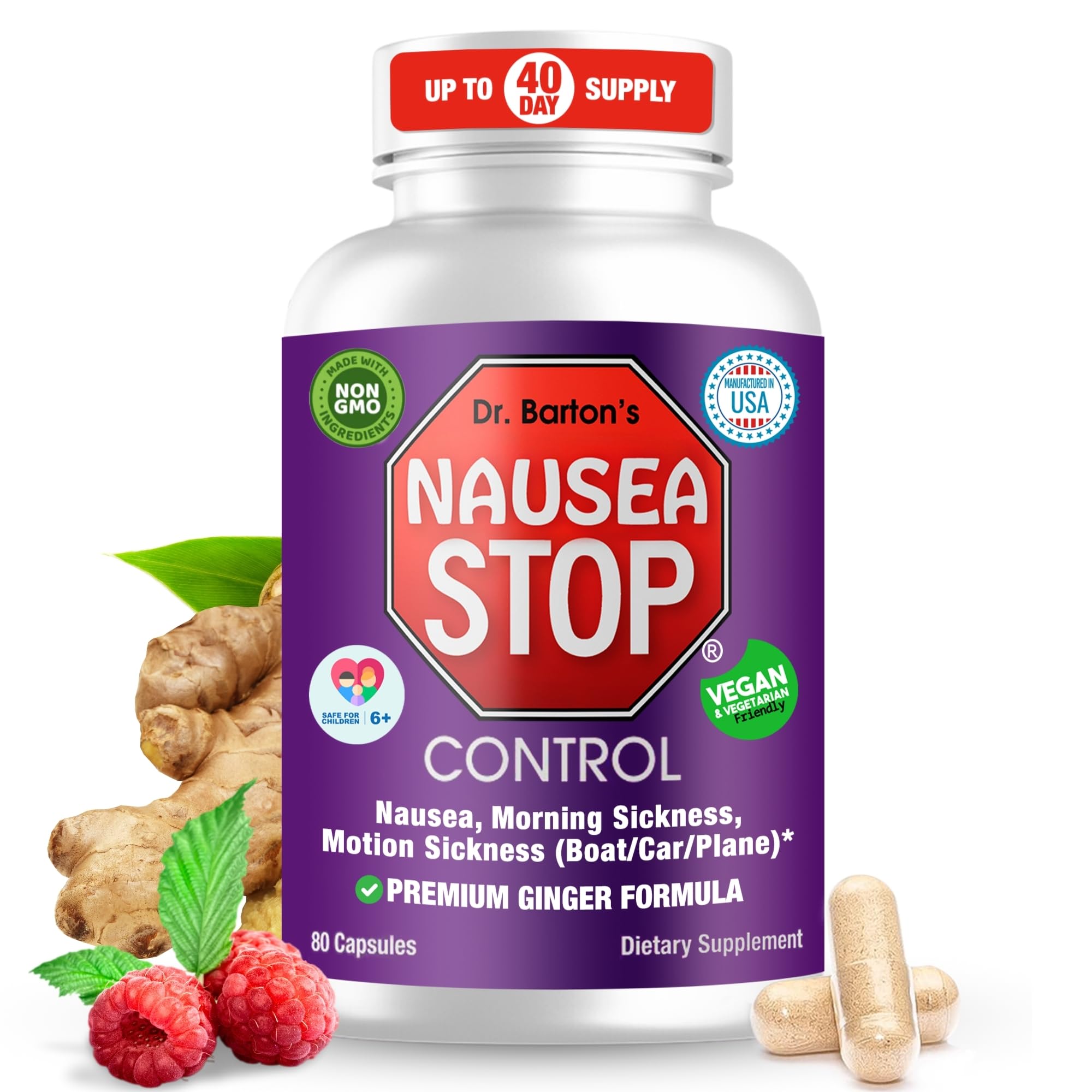 Nausea Stop bottle pour with ginger capsules for on the go relief from mild nausea