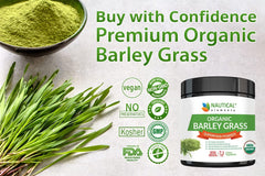 Nautical Elements Barley Grass Powder ingredients panel highlights chlorophyll and essential amino acids
