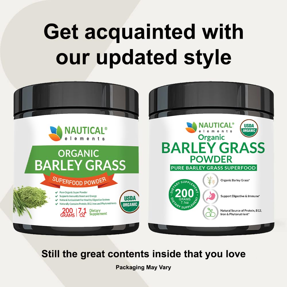 Nautical Elements Barley Grass Powder jar label—USDA Organic blend for antioxidant support