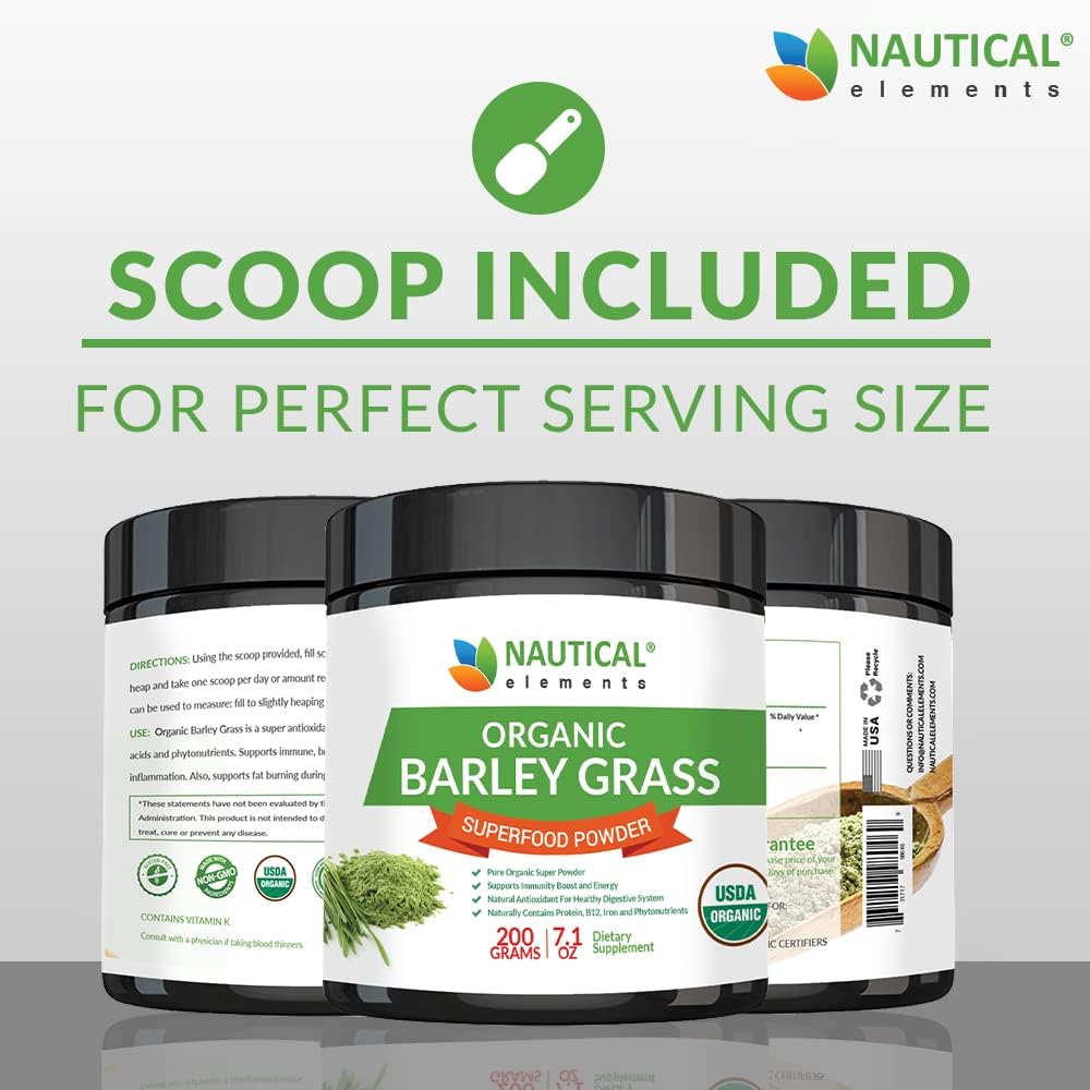 Nautical Elements Barley Grass Powder pour—easy daily mix for smoothies and shakes