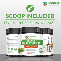 Nautical Elements Barley Grass Powder pour—easy daily mix for smoothies and shakes