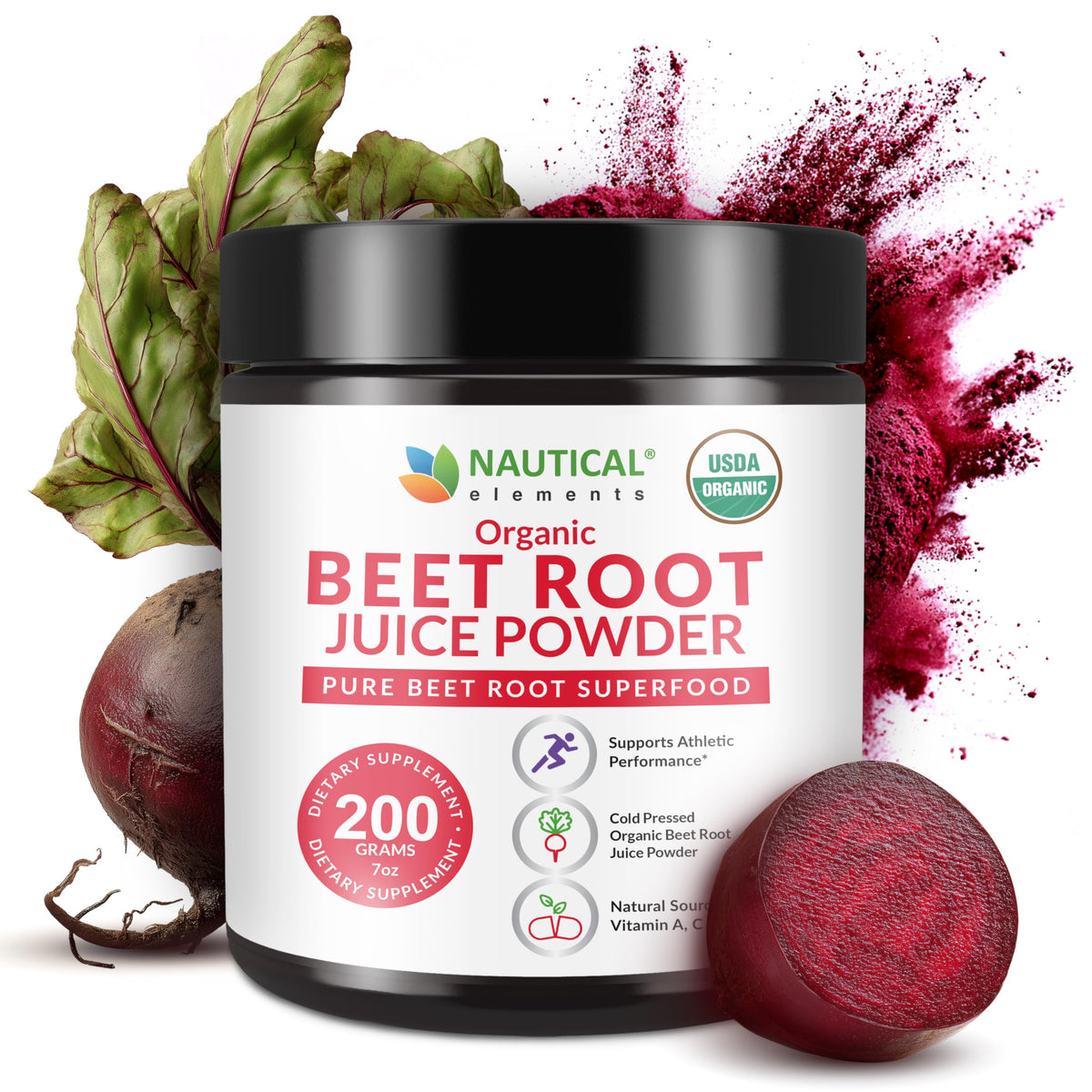Nautical Elements beet juice powder bottle for easy daily nutrition.