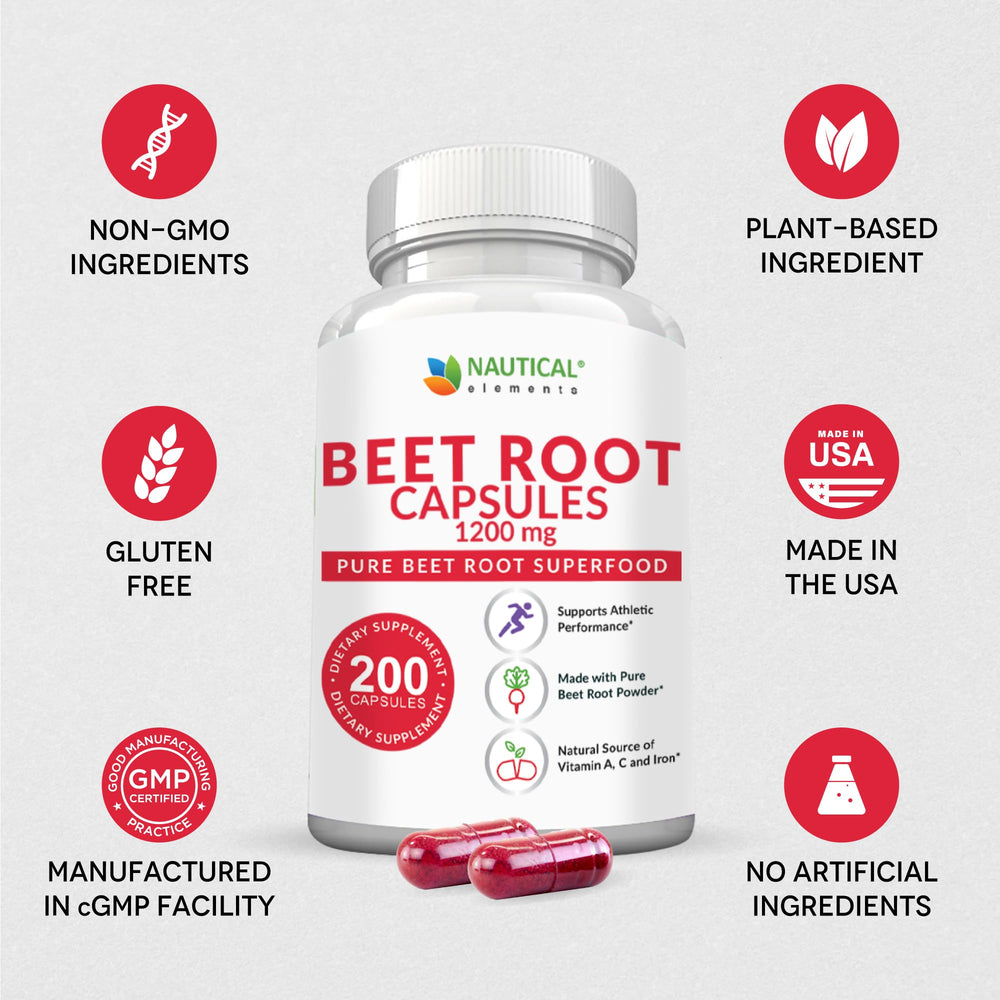Nautical Elements Beet Root Capsules inside bottle close-up for convenient daily use.