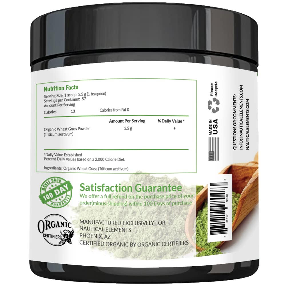 Nautical Elements Wheatgrass Powder fresh-green powder highlighting natural chlorophyll content.