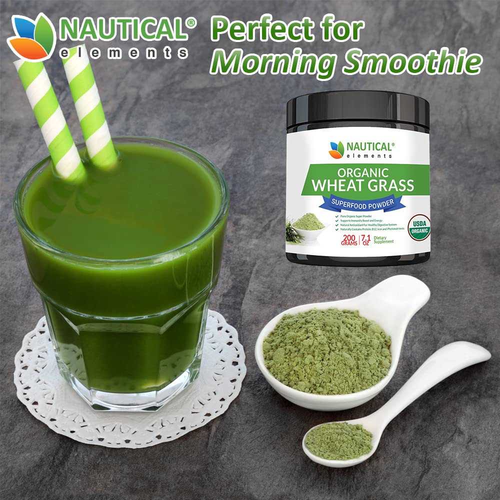 Nautical Elements Wheatgrass Powder glass jar display with premium green powder.