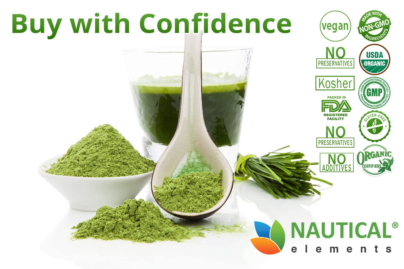 Nautical Elements Wheatgrass Powder packaging label emphasizes USDA Organic and vegan credentials.