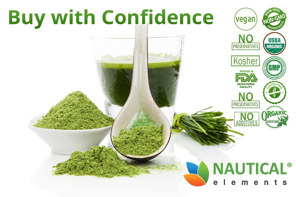 Nautical Elements Wheatgrass Powder packaging label emphasizes USDA Organic and vegan credentials.