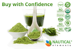 Nautical Elements Wheatgrass Powder packaging label emphasizes USDA Organic and vegan credentials.