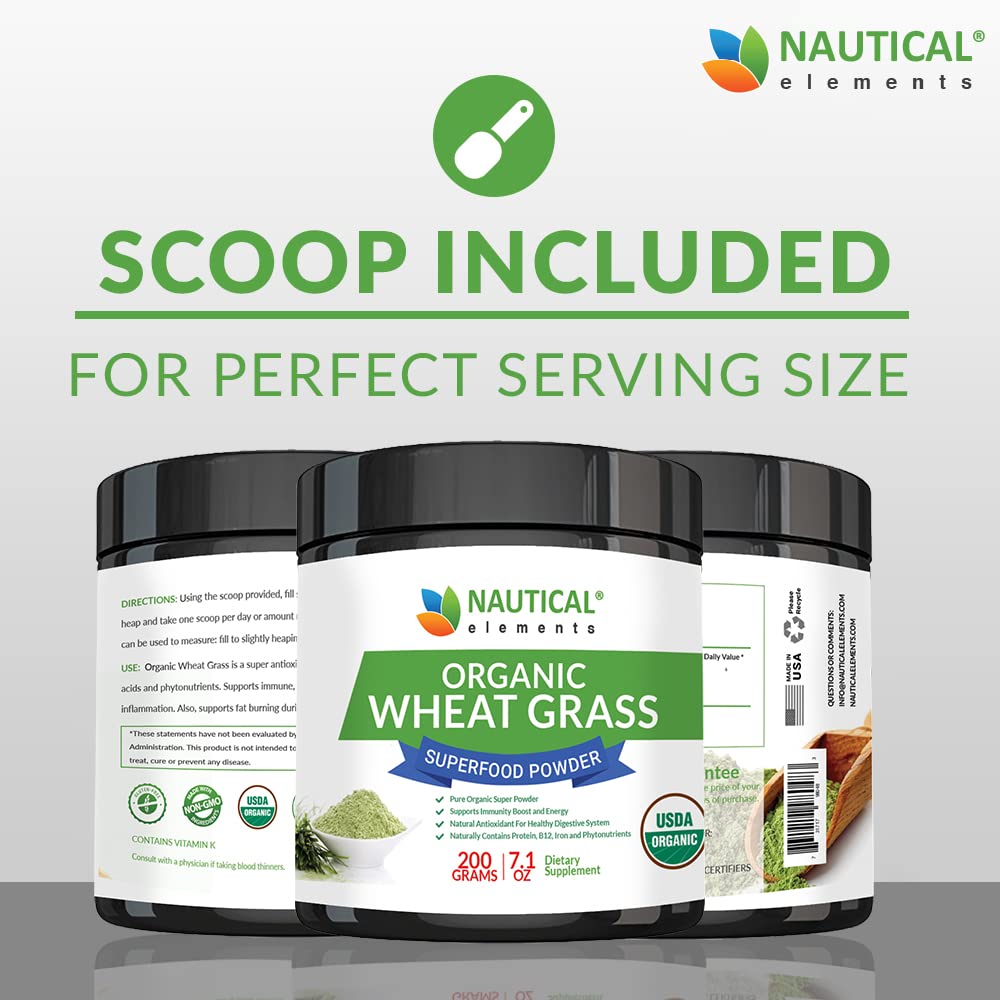 Nautical Elements Wheatgrass Powder scoop dispensing for easy daily servings.