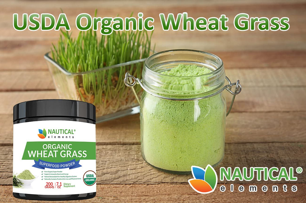 Nautical Elements Wheatgrass Powder shake with ice suggesting convenient daily boost.