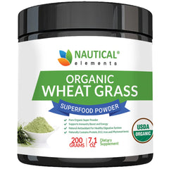 Nautical Elements Wheatgrass Powder tub close-up showing vibrant greens for daily wellness.