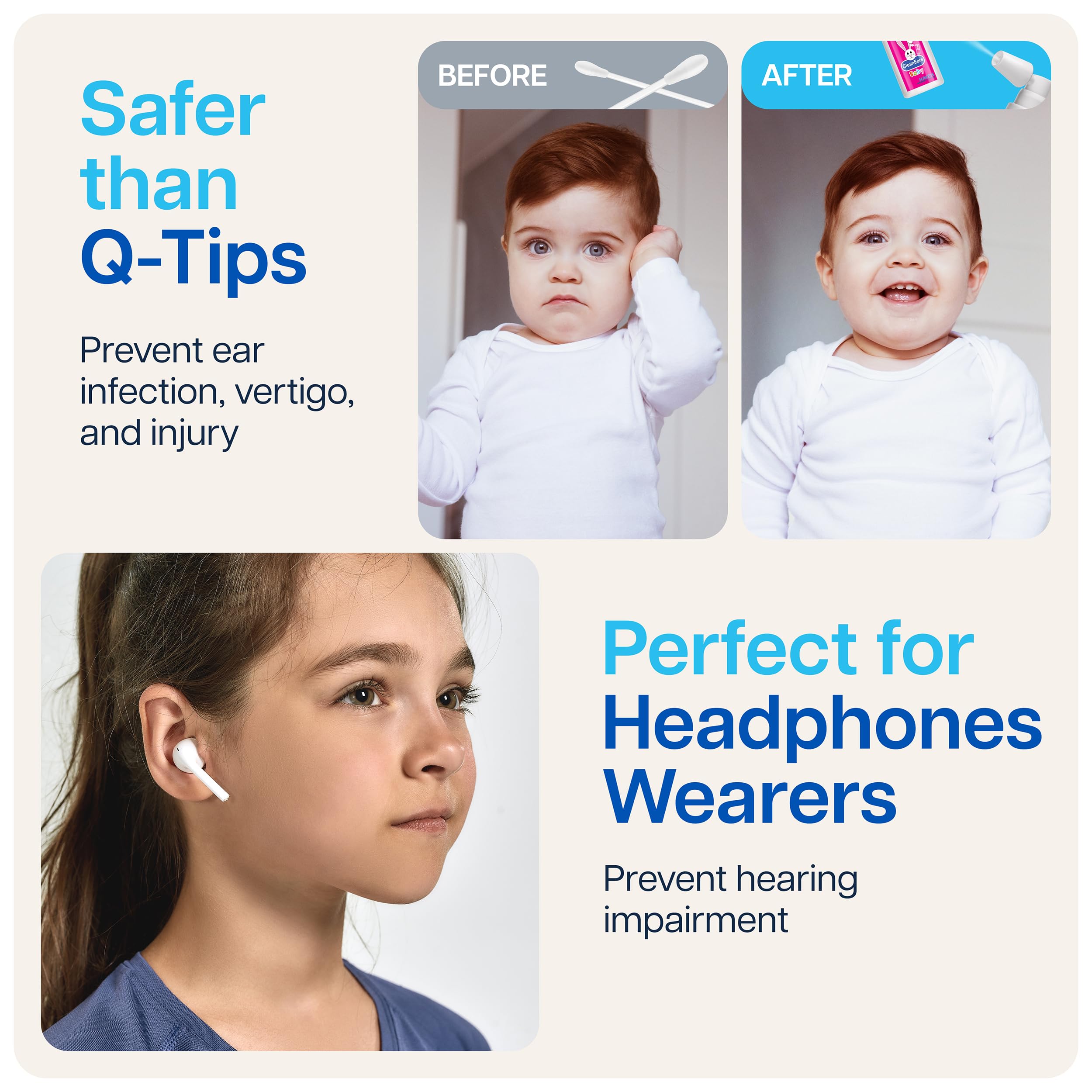 NAVEH PHARMA CleanEars Baby application angle emphasizes safe, mess-free use.