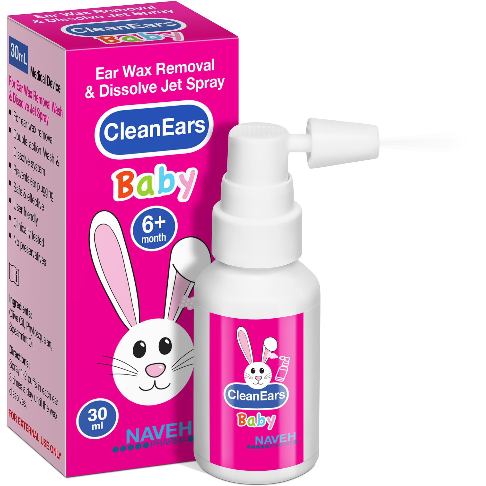 NAVEH PHARMA CleanEars Baby bottle demonstrates gentle ear irrigation for children.