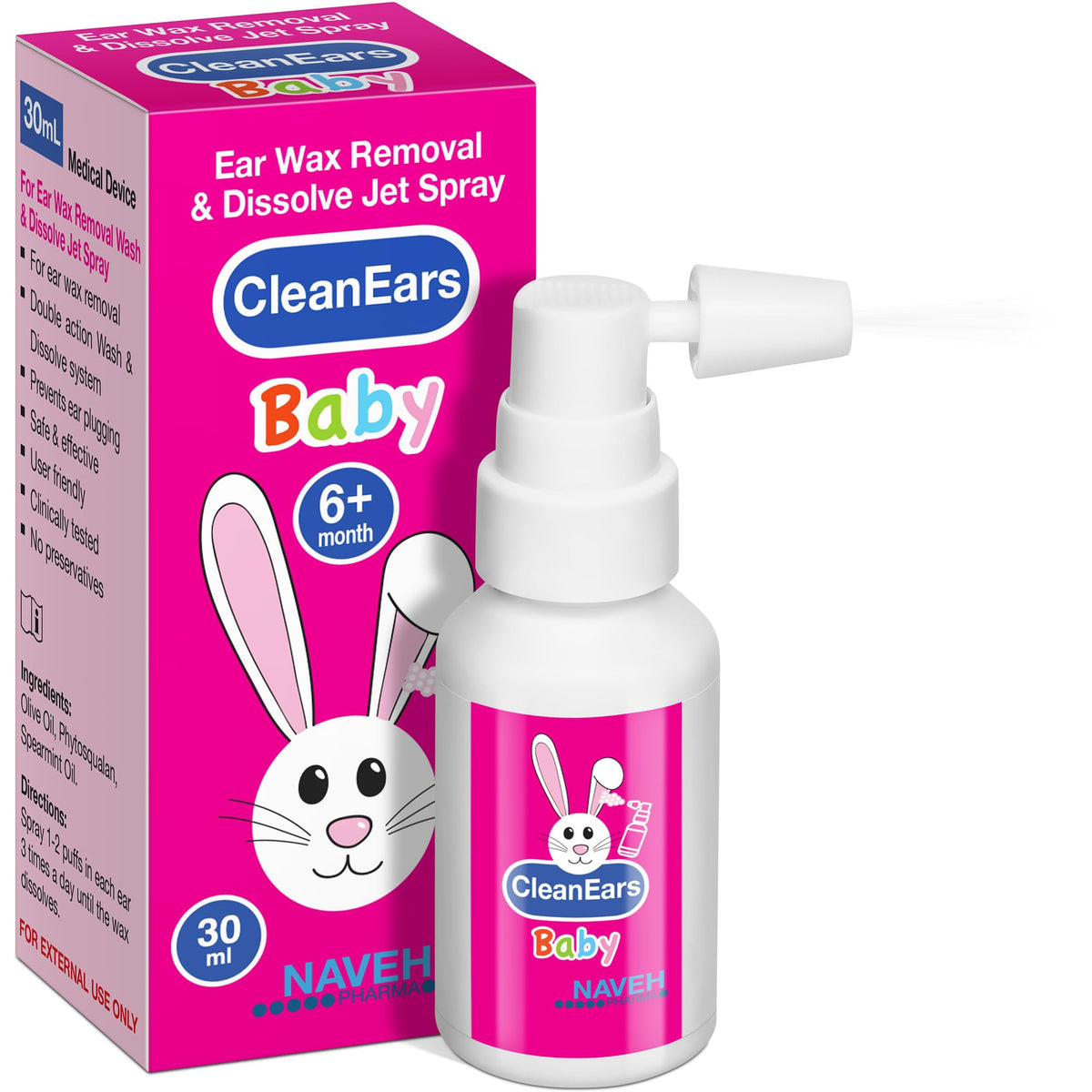 NAVEH PHARMA CleanEars Baby bottle demonstrates gentle ear irrigation for children.