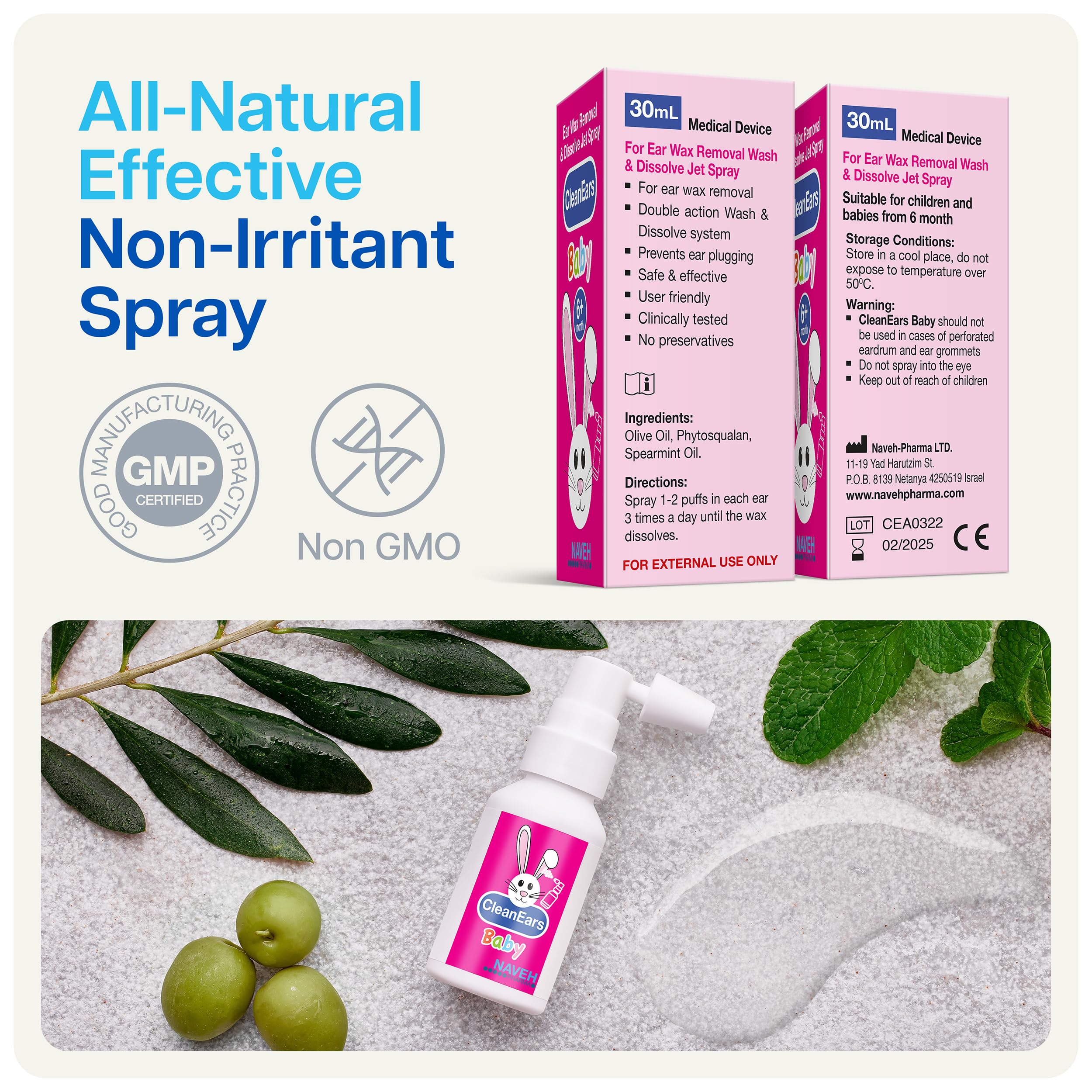 NAVEH PHARMA CleanEars Baby ear closeup hints wax softening action.