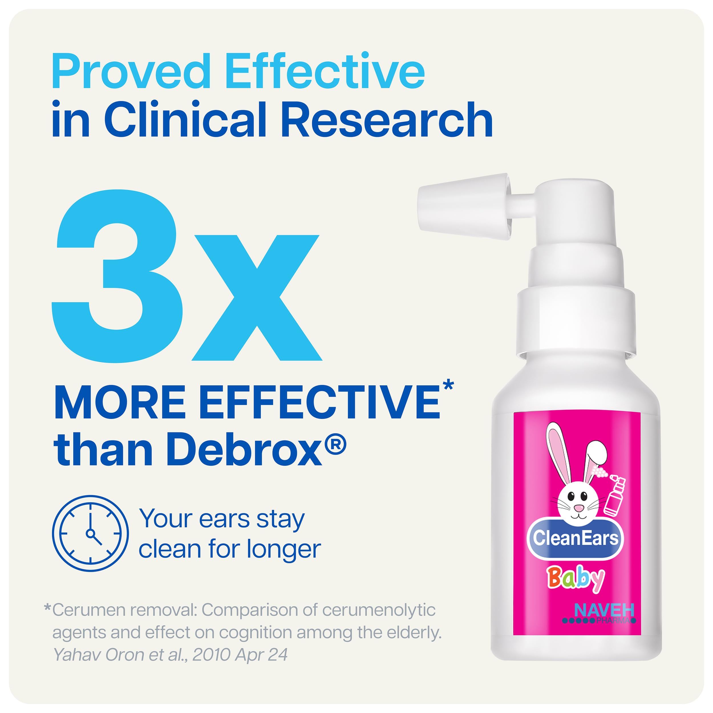 NAVEH PHARMA CleanEars Baby spray-dispense shows simple, quick ear care.