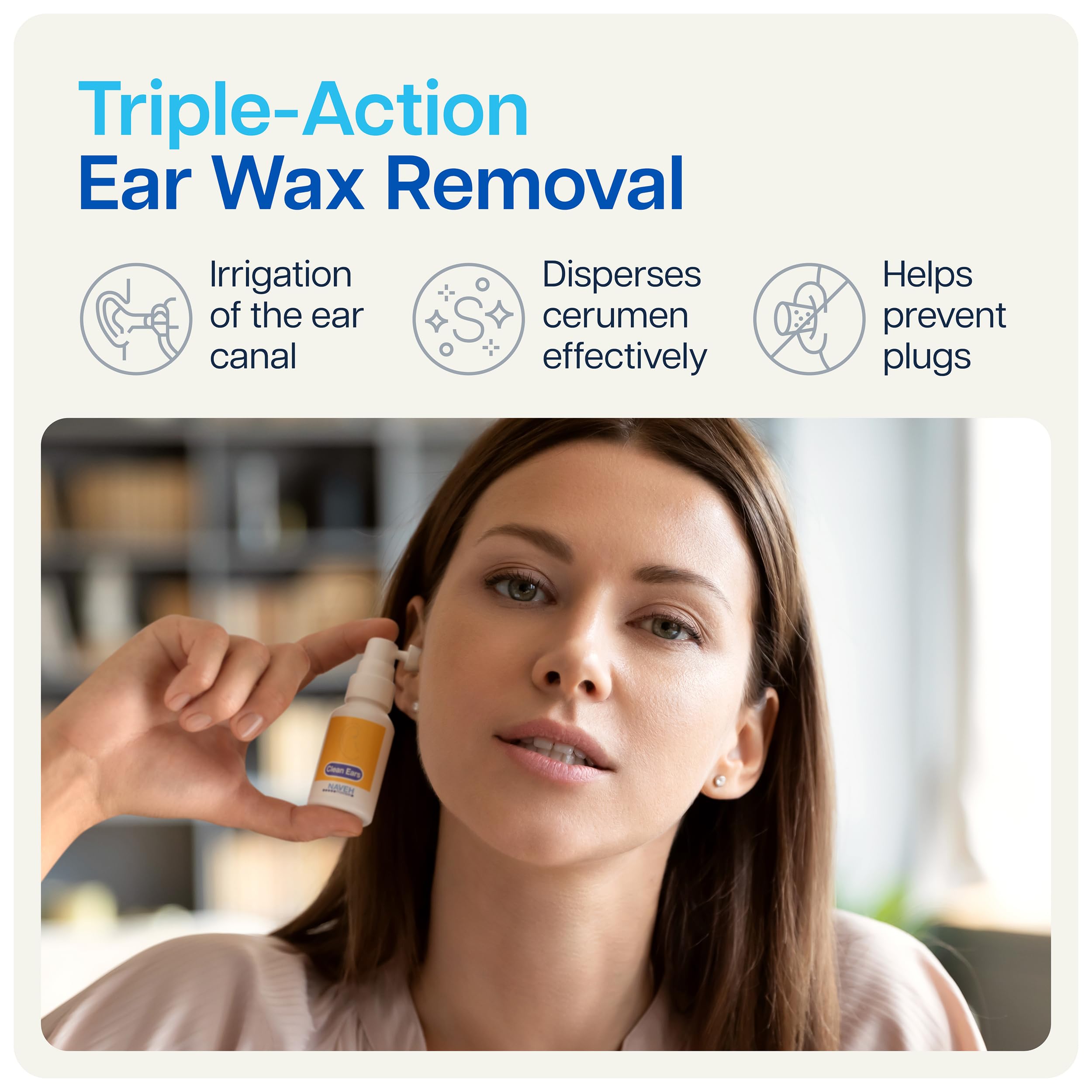 NAVEH PHARMA CleanEars olive oil complex highlights natural, gentle ear care.