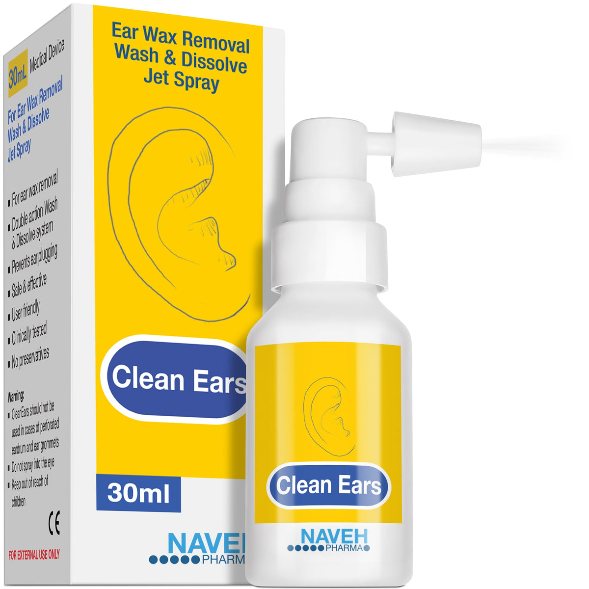 NAVEH PHARMA CleanEars spray bottle for fast ear wax removal.