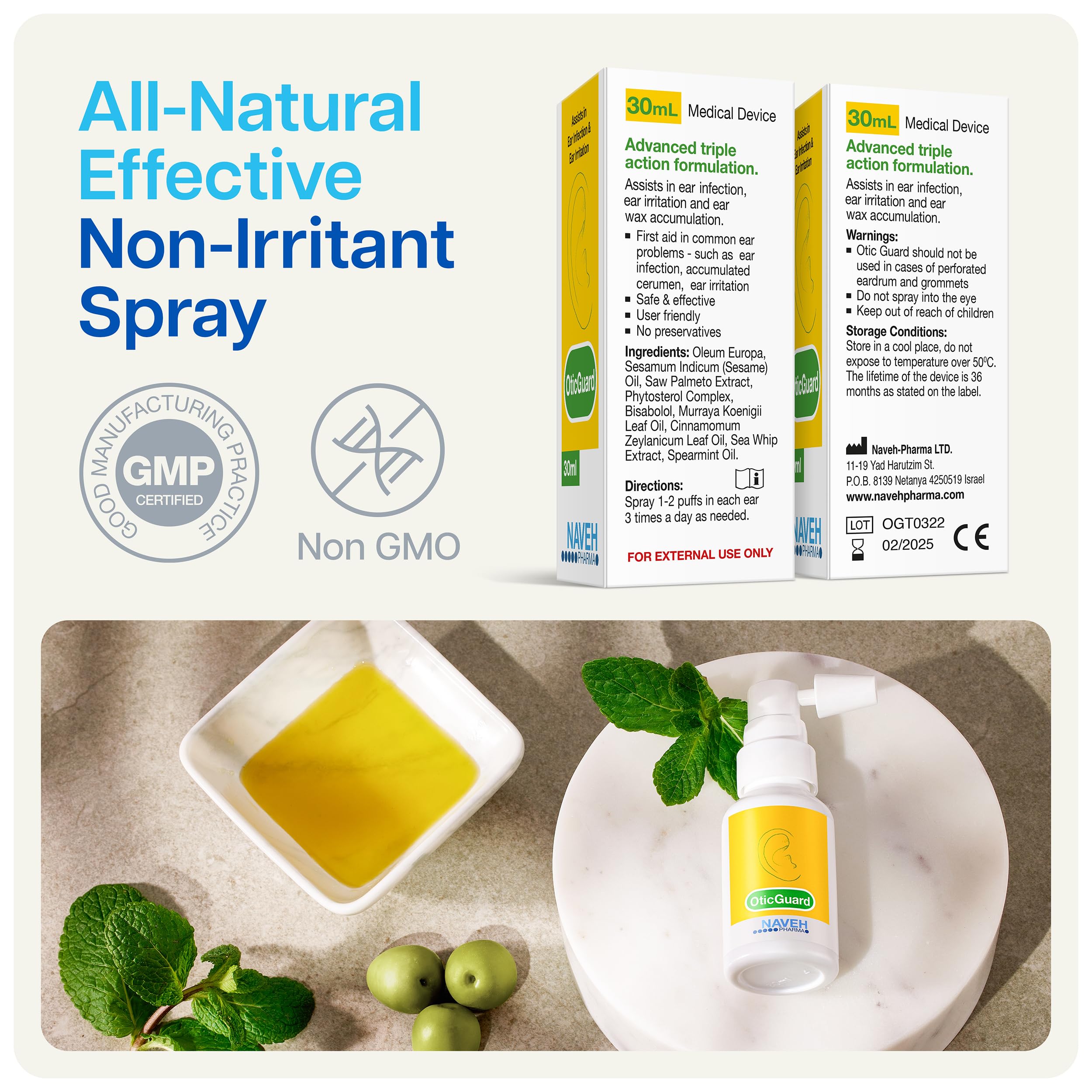 Natural olive oil blend highlighted on packaging conveys gentle, chemical-free ear care